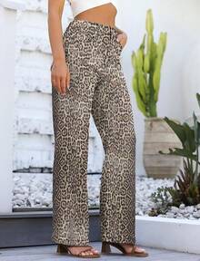 Jeans High Waisted Straight Leg Loose Jeanshalloween - 灰色豹紋 - 查看 9
