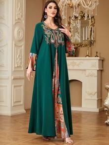 Women's Abaya Robe Muslim Long Sleeve Embroidered Elegant Robe, Casual Patchwork Loose Fit Dubai Style