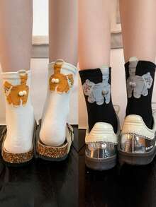 1/2/3双装卡通图案男女通用情侣运动中筒袜，春夏假日礼物 - 彩色 - 查看 17