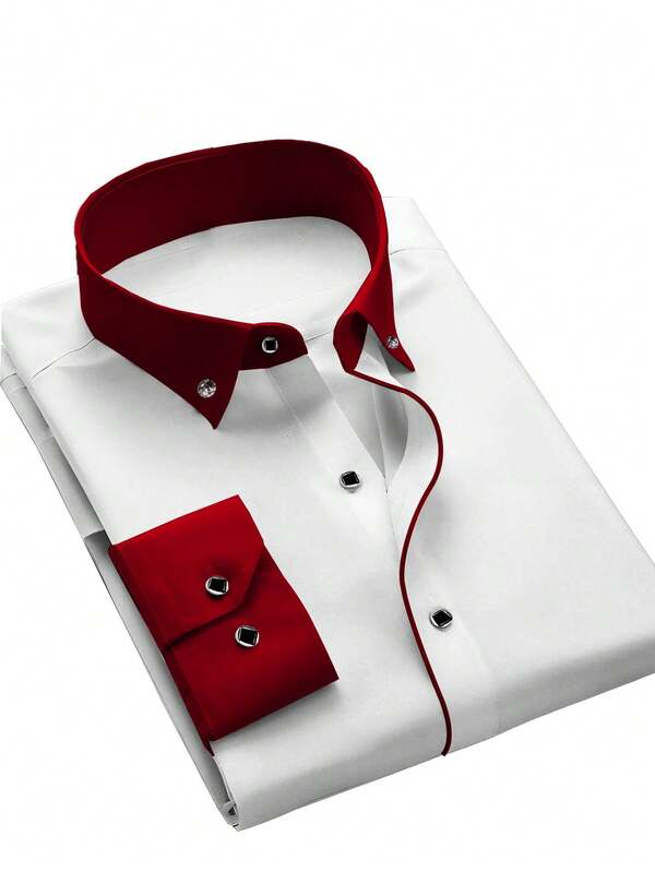 Men's Fashion Business Formal Dress Shirt - Red Splice, Slim Fit, Polyester Material, All Season Wear, Woven, 120g/㎡ Fabric Weight, Slightly Stretchy, Spread Collar, Suitable For Home Gatherings, Meeting Friends And Family, Adult Size