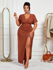 BIUBIU Plus Size Women's Deep V-Neck Ruched Solid Color Short Sleeve Wrap Dress - Rust Brown - View 1