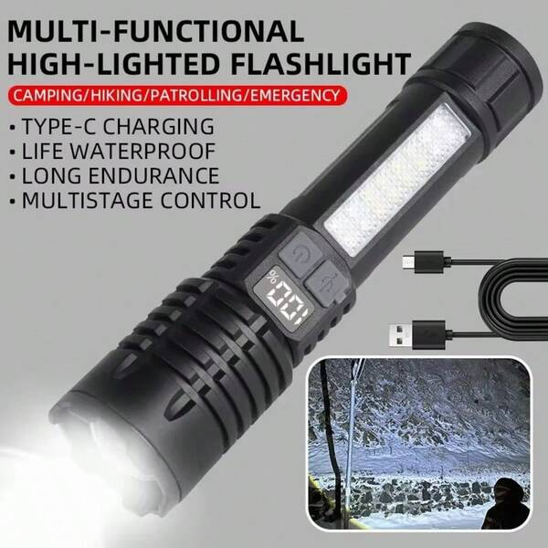 High Lumens Rechargeable LED Flashlight 1pc - 5 Lighting Modes, Zoomable Torch, COB Light, Built-In Battery - For Camping, Fishing, Outdoor & Emergencies