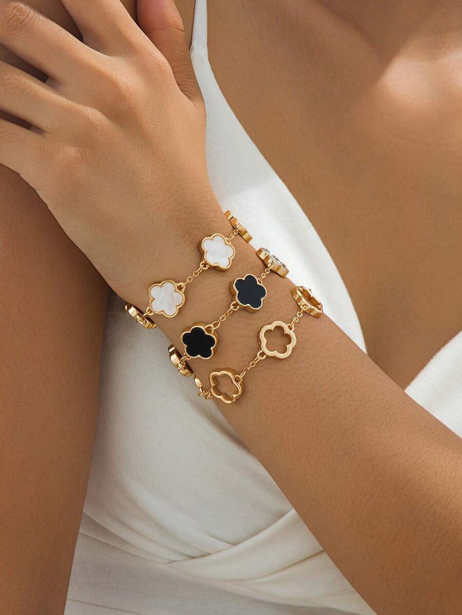 1 Bộ: 2 chiếc vòng tay cỏ ba lá đen trắng cổ điển, 1 chiếc vòng tay cỏ ba lá rỗng bằng vàng dành cho nữ - Nhiều màu - Xem 1