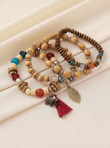 4 件套波西米亚复古串珠叶流苏吊坠多层手链，适合女士休闲、沙滩、度假穿着 - 彩色 - 查看 10