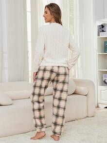 Standard Size Women Autumn/Winter Round Neck Long Sleeve Top & Pants Warm Suit, Cat Embroidery Casual Homewear Can Be Worn Outdoors, Cozy Clothes, Fluffy - Apricot - View 2