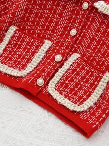 冬季毛衣套装年轻女孩优雅长袖翻领单排扣外套和红色格子裙秋季 2 件套 - 紅色 - 查看 4