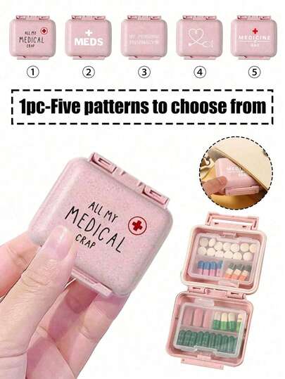 Caja de medicina de 6 rejillas mini portátil, caja de medicina pequeña de 6 rejillas, caja de medicina pequeña rosa con la letra "medicina", caja de almacenamiento para 6 días a la semana, organizador de pastillas inicial de viaje, estuche de pastillas portátil de 6 compartimentos, pastillero diario para vitaminas, pequeño contenedor de pastillas para bolso de mano, organizador de medicina, estuche de almacenamiento con encanto de letra, pendientes, anillos, caja de almacenamiento de joyas, esencial para familias, esencial para viajes