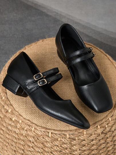 MonaNise 女士3厘米布面包跟黑色时尚百搭玛丽珍低跟粗跟优雅平底鞋，另有藏蓝色、咖啡色、酒红色可选