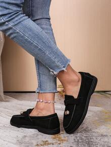 Nouvelles chaussures plates pour femmes de couleur unie, avec décoration de nœud papillon. Chaussures plates élégantes pour le port intérieur et extérieur, automne/hiver - Noir - Voir 6