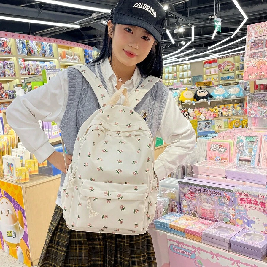 1 Pc White Nylon Floral Print Dual Zipper Large Capacity Fashionable Versatile Backpack, Student Bag, School Backpack - White - View 1