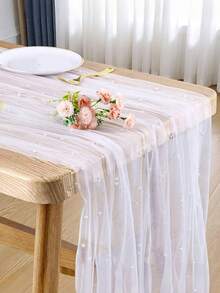 1 Stück weißer Perlen-Tüll-Tischläufer, Polyesterstoff, für Hochzeitsfeier, Bridal-Shower, Dessert-Tisch-Dekoration, Hintergrundvorhänge, Stuhlschleifen-Dekoration