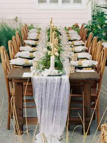 1 Stück weißer Perlen-Tüll-Tischläufer, Polyesterstoff, für Hochzeitsfeier, Bridal-Shower, Dessert-Tisch-Dekoration, Hintergrundvorhänge, Stuhlschleifen-Dekoration