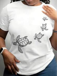 [Plus Size Women's T-Shirt] Soft & Breathable Plus Size Women's T-Shirt Casual Crew Neck With Turtle Print, Short Sleeve, Lightweight & Comfortable For Casual Attire - 白色 - 查看 1