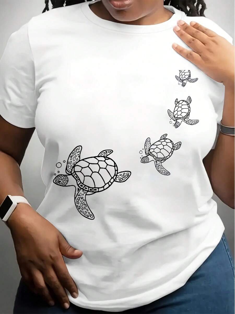 [Plus Size Women's T-Shirt] Soft & Breathable Plus Size Women's T-Shirt Casual Crew Neck With Turtle Print, Short Sleeve, Lightweight & Comfortable For Casual Attire - 白色 - 查看 1