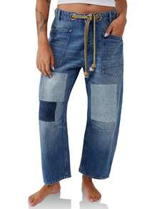 Womens Wide Leg Barrel Jeans Patchwork Baggy Denim Pants Low Rise Horseshoe Jeans With Pockets Casual Outdoor Pants - Màu xanh lam - Xem 2