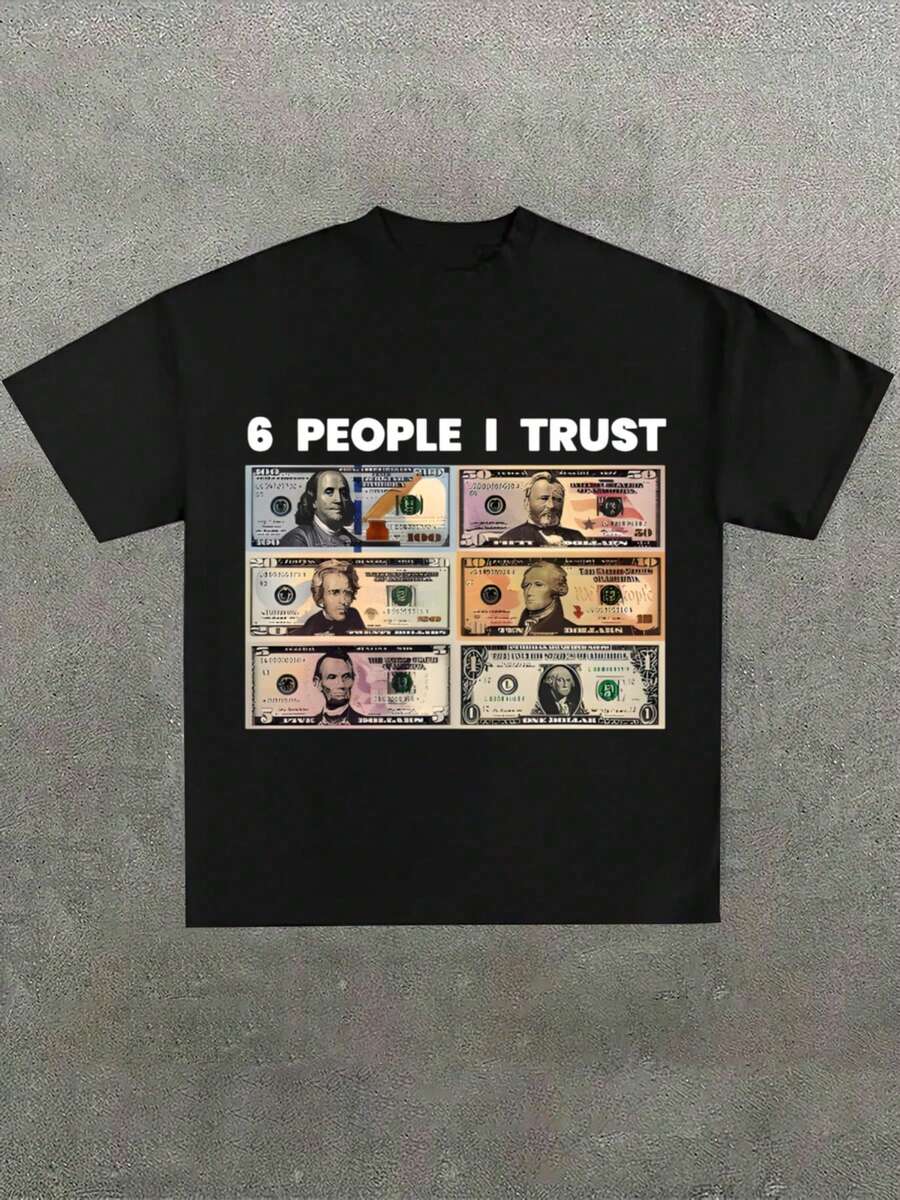 Men Plus Size Dollar Bills And 6 People I Trust Text Funny Graphic Black Tee, Casual Soft Oversized Pure Cotton 220g Pattern Printed Black T-Shirt,Funny Mens Clothes For Mens Gifts - 黑色 - 查看 1