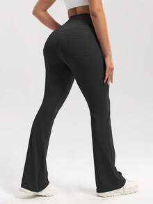 1 PACK Fashionable Casual Wide-Leg Yoga Pants,With Pocket, Butt-Lifting Peach Butt Fashion Leggings, Elegant Streetwear Retro Slimming, Classic Simple High-End Slimming High-Waist Versatile Flared Pants - 黑色 - 查看 3