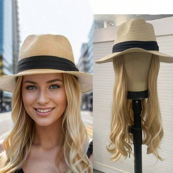 1 pieza Sombrero de sol blanco con peluca, fibra sintética color beige miel con cabello liso en la parte superior y cabello rizado en la parte inferior, adecuado para vacaciones, uso diario casual, peluca fácil de usar