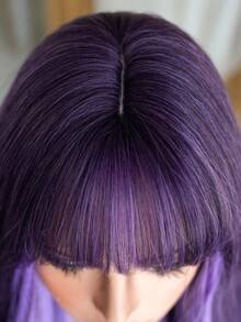 7JHH WIGS Stylish Purple Balayage Wigs Extra Long Wavy Wig With Bangs, High Density Heat-Resistant Fiber Hair, Fluffy Natural Synthetic Wave Curly Wigs For Women Halloween Party Use 28 Inch Cosplay Costume Wig Accessories - 挑染紫色 - 查看 7