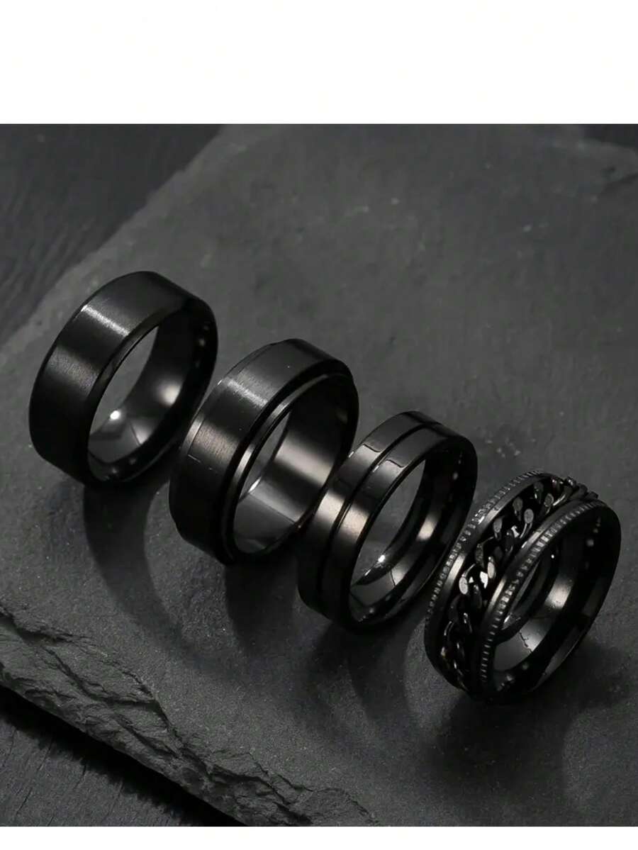 4 件套时尚不锈钢男士单环黑色浮雕磨砂装饰日常佩戴万圣节礼物 - 彩色 - 查看 1