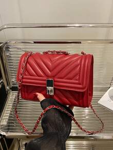 Fashion Solid Color Quilted Square Chain Shoulder Bag, Multifunctional Evening Clutch, Lightweight New Handbag & Wallet, Suitable For Daily Commute Crossbody, Ideal Choice For Office Workers, Casual Coin Purse - Red - View 5
