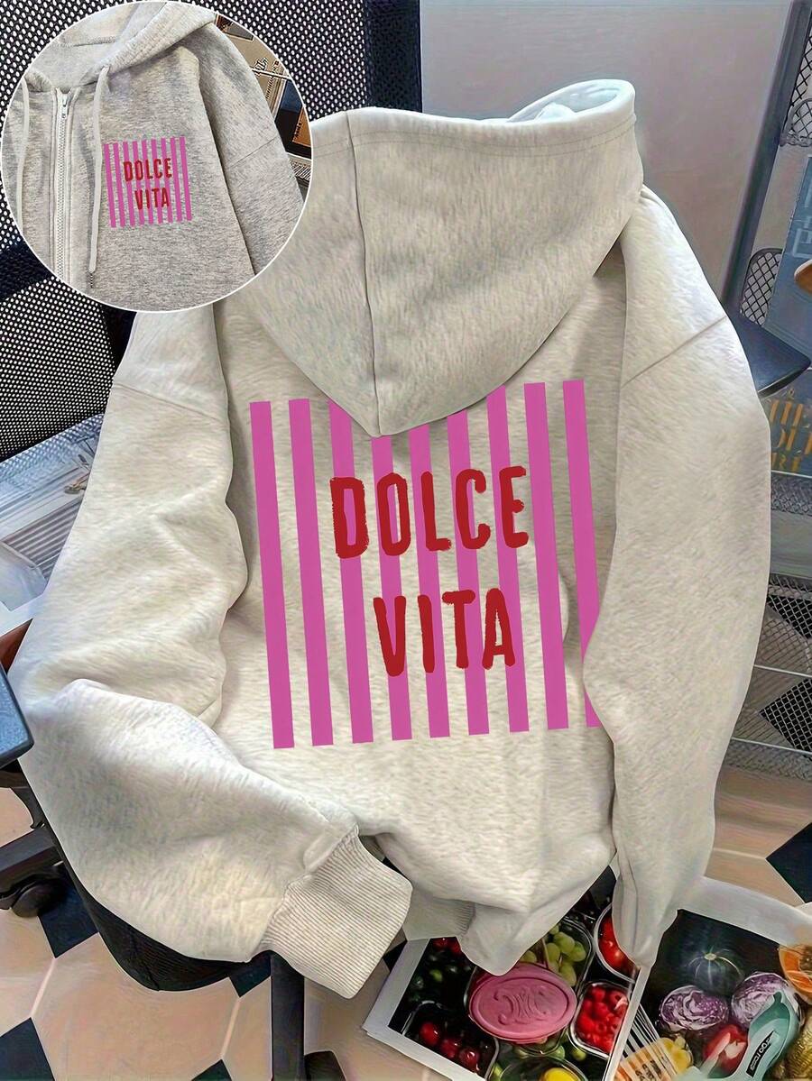 Women's Loose Casual Jacket, Women's Italian Cultural Pink Striped Pattern Zip-Up Jacket | Loose Casual Autumn And Winter Jacket With Patterned Zip-Up Hoodie | Women's Tops, Long-Sleeve Tops, Zip-Up Hoodies, Women's Cardigans, Cardigans, Women's Jackets, Women's Vests, Women's Western-Style Clothing, Women's Autumn Outfits, Valentine's Day Outfits, Back-To-School Season - Light Grey - View 1