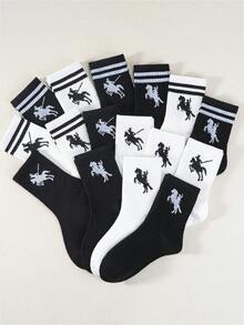 5双,1双,男女通用,小马,绅士骑马,马球元素,马球步行印花中筒袜,泡泡袜,蕾丝袜,泡泡蕾丝袜,流苏袜,婴儿必需品 - 黑色 - 查看 1