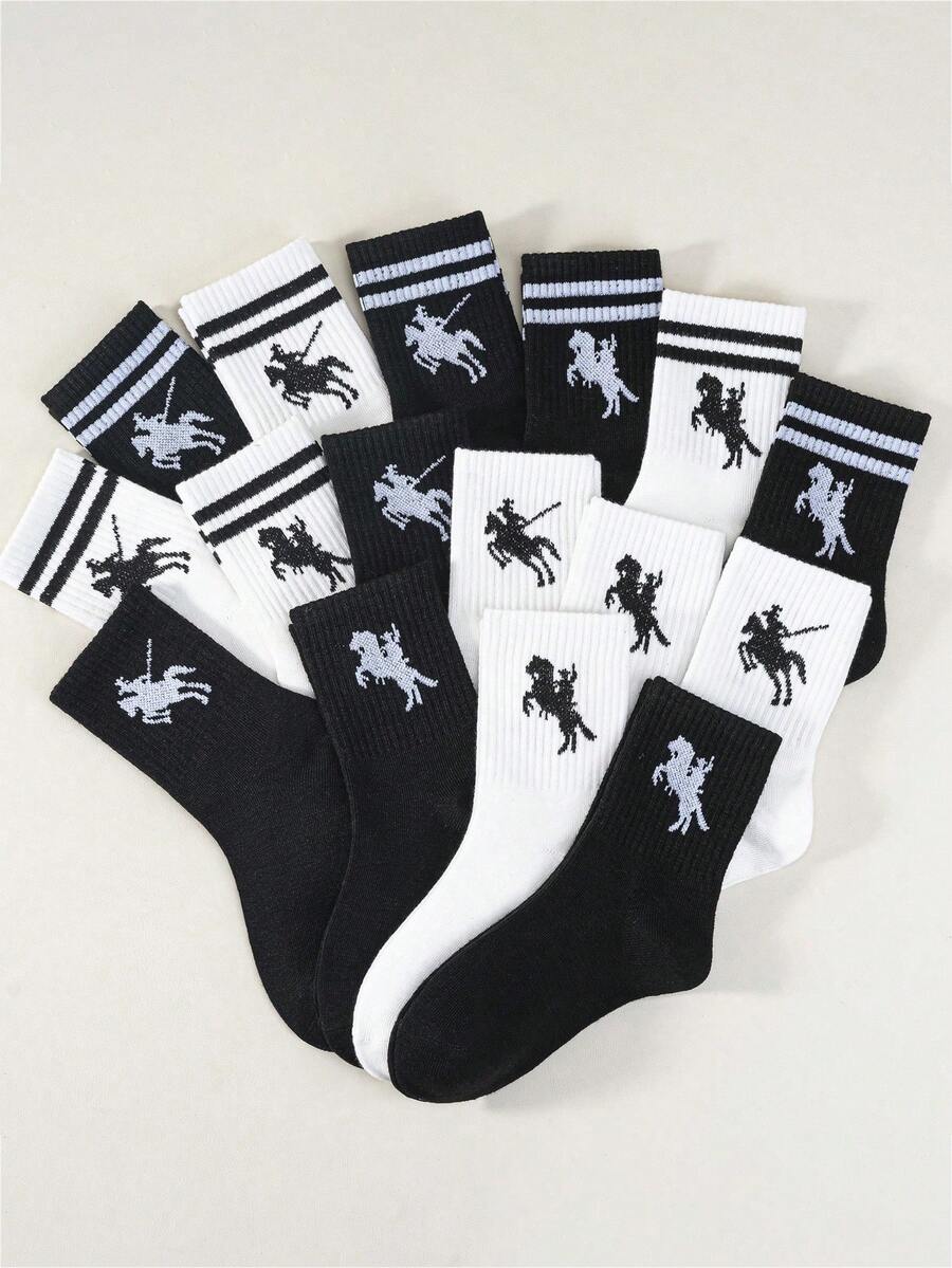 5双,1双,男女通用,小马,绅士骑马,马球元素,马球步行印花中筒袜,泡泡袜,蕾丝袜,泡泡蕾丝袜,流苏袜,婴儿必需品 - 黑色 - 查看 1