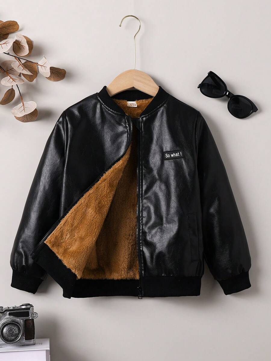 Tween Boys' Fashion Casual Autumn/Winter New Thermal Lined Long Sleeve PU Leather Jacket, Big Kids Spring/Autumn/Winter Vintage Embroidered Patch Outerwear Coat