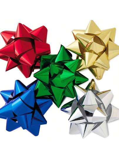 50 Laços de Fita de Natal, Flores de Estrela com Glitter, Laço Autoadesivo Misto de Cinco Cores, Fitas de Presente para Feriados, Festas, Casamentos, Decorações para Embrulho de Presentes de Natal