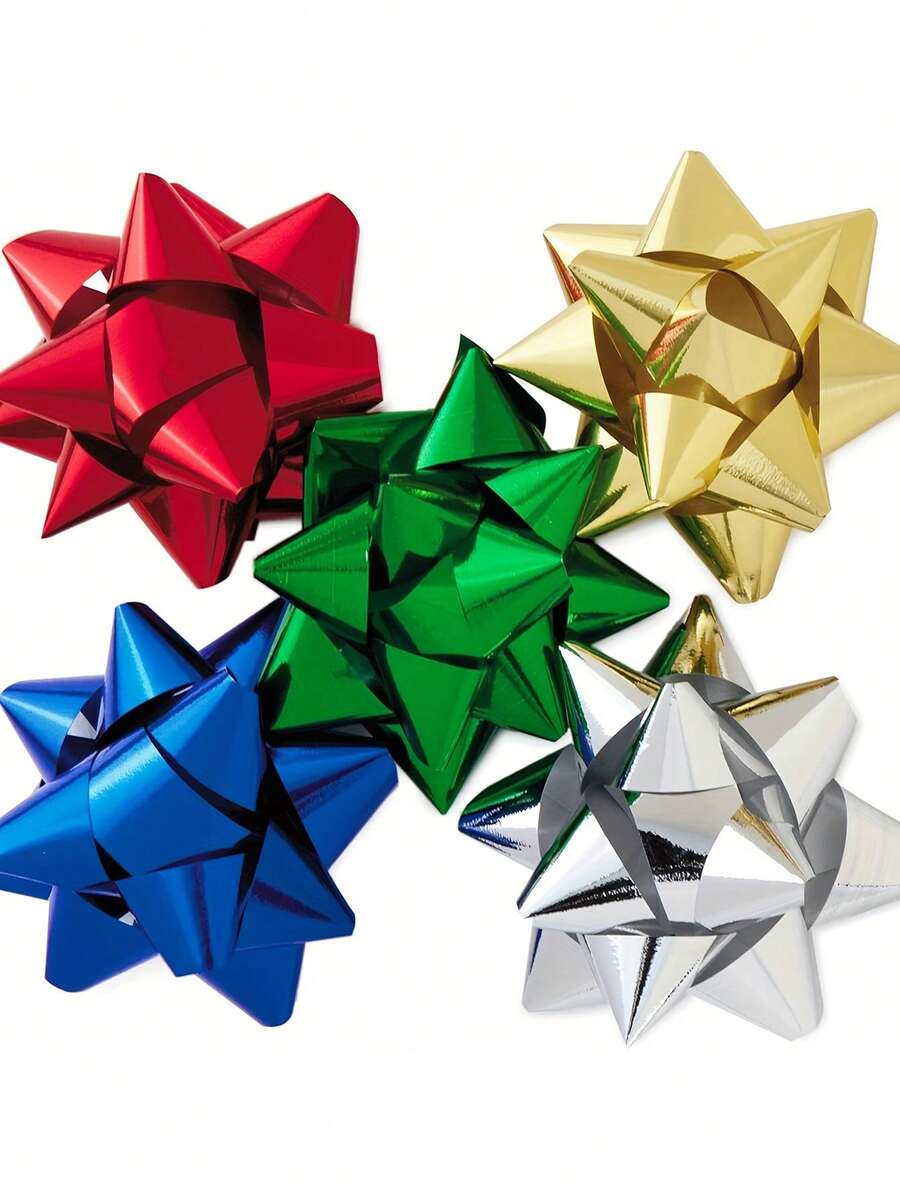 50PCS Christmas Ribbon Bows,Glitter Star Flowers,Five-Color Mixed Self-Adhesive Bow Knot,Gift Ribbons For Holidays,Parties,Weddings,Holiday Gift Wrapping Decorations - Multicolor - View 1
