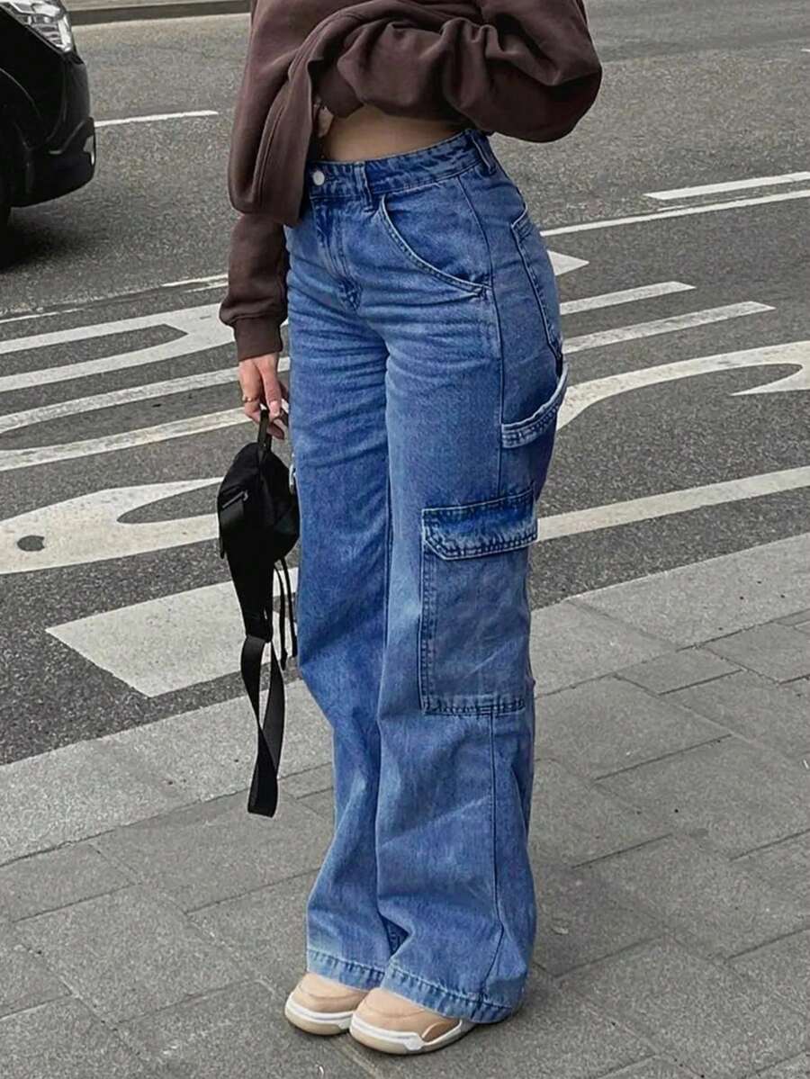 Women's Front Pocket Straight Leg Casual Jeans, Solid Color Minimalist Everyday Wear Jeans - Rửa trung bình - Xem 1