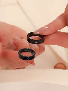 ATLVXJL 2 件套夜光情侣戒指，不锈钢字母“I LOVE YOU”月亮和太阳设计，休闲情侣首饰适合日常佩戴和情人节礼物 - 彩色 - 查看 2