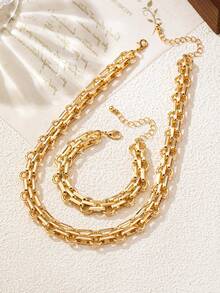 1 Set Punk Style Metal Exaggerated Thick Chain Bracelet And Necklace - Yellow Gold - View 1