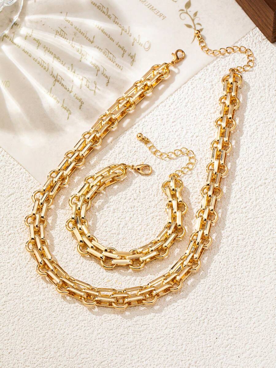 1 Set Punk Style Metal Exaggerated Thick Chain Bracelet And Necklace - Yellow Gold - View 1