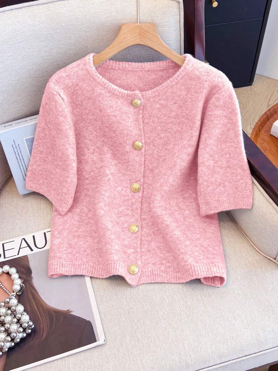 1 buah Sweater Kardigan Lengan Pendek Warna Polos dengan Kancing Logam untuk Wanita, Sweater Rajut Kasual Serbaguna