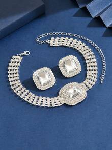 3 Stücke Braut Hochzeit Halskette Ohrringe Set, geometrischer vollständig mit Diamanten besetzter großer quadratischer Choker Halskette, Damen Party Abend Schmuckset - Verschiedenfarbig - Übersicht 4