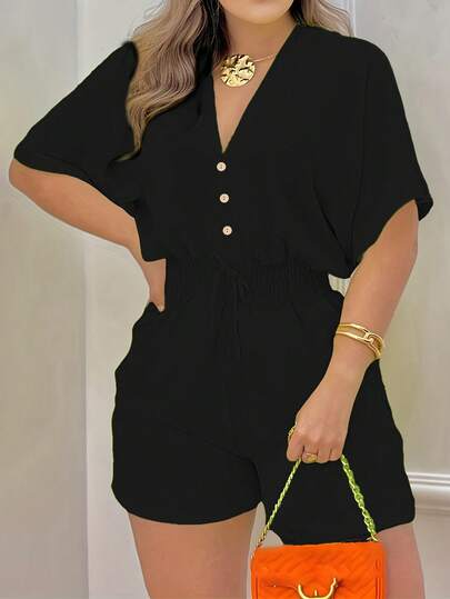 1 Bộ đồ liền thân vải dệt màu trơn cài nút giả dành cho nữ, thích hợp mặc trong các dịp lễ, mặc hàng ngày, tiệc sinh nhật, tiệc trở lại trường, tiệc độc thân, du lịch, mùa hè