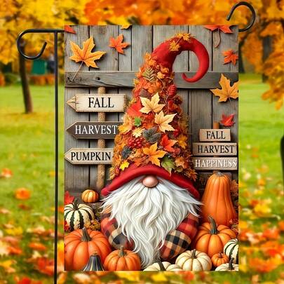 1pc 2d Welcome Garden Flag, Featuring Double-Sided Printed Patterns Of Dwarfs And Autumn Harvest Pumpkins, Measures Made Of Durable Polyester, It Is Suitable For Home, Outdoor, Lawn And Courtyard Decoration, And Is A Perfect Match For Thanksgiving, Halloween And Christmas In Autumn. Does Not Include A Flagpole