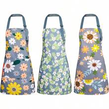 BOUMUSOE 3 Pack Floral Aprons With Pocket, Blooming Womens Aprons Waterproof Adjustable Cooking Aprons For Kitchen Gardening And Salon