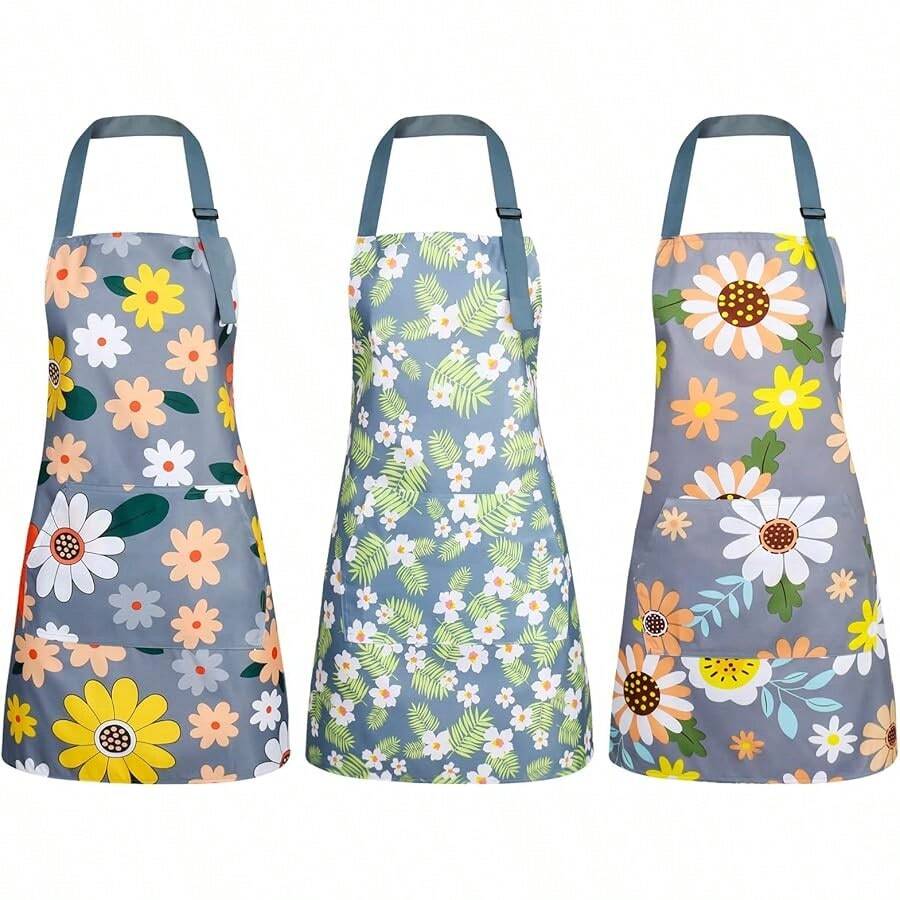 BOUMUSOE 3 Pack Floral Aprons With Pocket, Blooming Womens Aprons Waterproof Adjustable Cooking Aprons For Kitchen Gardening And Salon