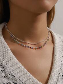 1pc Fashionable & Versatile Bohemian Style Colorful Beaded Pendant Necklace, Multi-Layer Necklace Suitable For Travel, Daily Wear, Jewelry Decoration