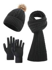 3pcs Women Fashion Solid & Striped Knitted Jacquard Beanie, Scarf And Gloves Set, Warm And Soft For Autumn/Winter Outdoor, Casual, Travel Fall Valentines Gift - Multicolor - View 3