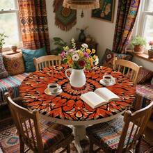 1/36 piezas Mantel redondo de 48 in/54 in con estampado digital de patrón retro y contraste bohemio, mantel elástico para protección, resistente a arañazos, adecuado para uso diario, interior/exterior, decoración del hogar, idea de regalo, camping, viaje