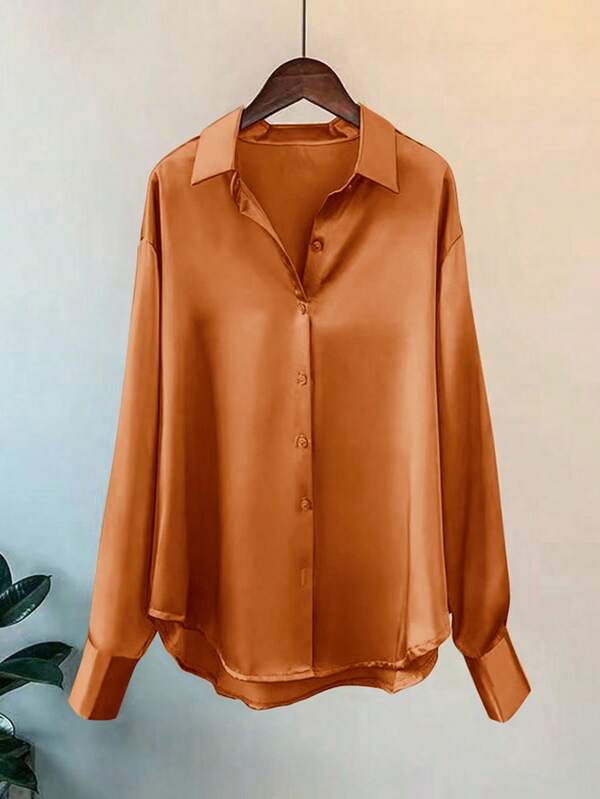 Blusa de satén de manga larga elegante y versátil con drapeado vintage, para primavera/verano