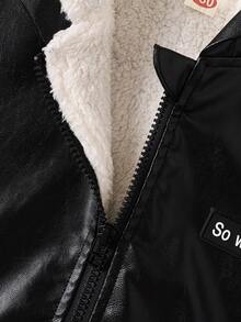 Tween Boy Fashionable Retro Autumn/Winter New Hooded Long Sleeve PU Leather Jacket Outerwear, Big Kids Embroidered Patch Design Top Coat, Thermal Lined Thick Versatile Bomber Jacket