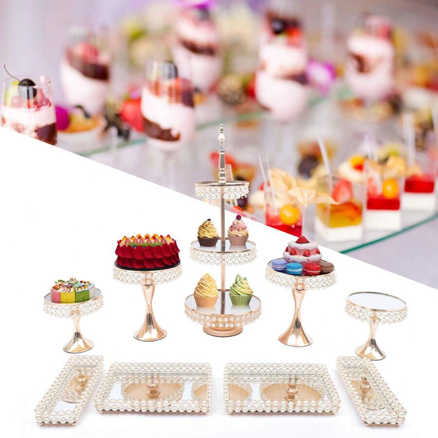 9 Pieces Cake Stand Set,Cake Stand For Party,Gold Metal Cup Cake Stand Holder Set For Dessert,Table Plate Cupcake Round Cake Pedestals Stand Display Serving Tower For Wedding Brithday Party Celebration Home Decoration - 金色 - 查看 1