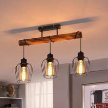 homefire Retro Ceiling Light Vintage Ceiling Lamp 3-Flame Wooden Living Room Lamp In Industrial Design With Height-Adjustable Spotlights Made Of Metal And Wood - Black - Socket: E27 - Without Bulb - 3 火焰 - 查看 5
