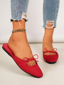 女士平底鞋，2025夏季新款，方头绒面革镂空蝴蝶结红色平底鞋，穆勒鞋，一脚蹬乐福鞋。完美适合日常穿着、搭配、度假、休闲、简约、舒适、百搭、时尚的红色蝴蝶结平底鞋，红色鞋子，芭蕾平底鞋。 - 紅色 - 查看 2