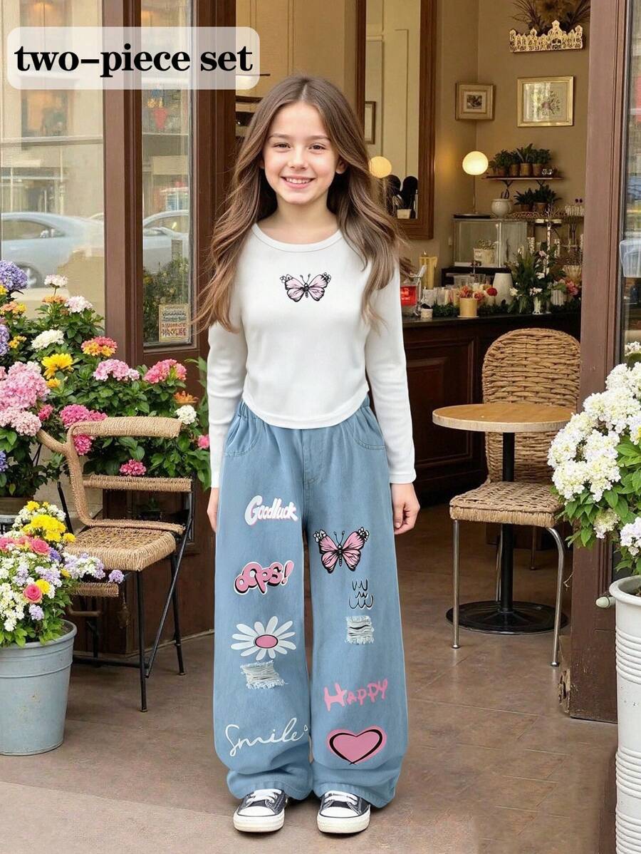 2Pcs Pre-Tween GirlsCasual Outfit Set: Butterfly Print Asymmetrical Hem Short Top And Letter Print Loose Fit Distressed Jeans, Autumn